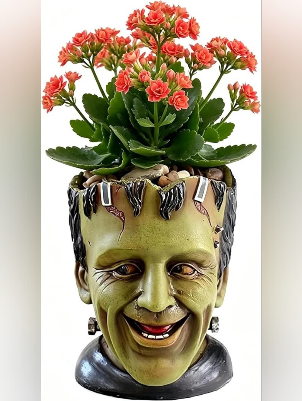 Green Frankenstein Head Flower Planter - Handmade